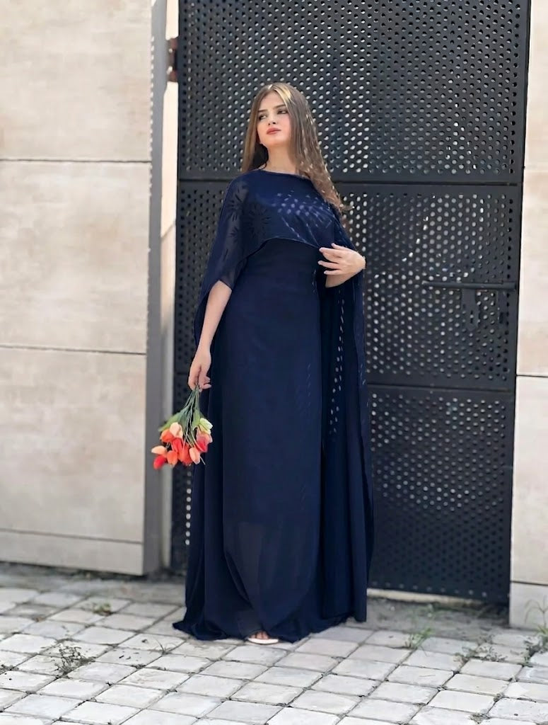 Graceful Cape Shawl Dress Navyblue