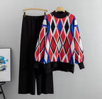Cozy Fleece-Lined Argyle Sweater & Palazzo Pant Set