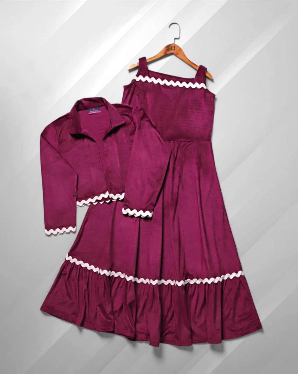 Elegant Berry Velvet Midi Dress with Contrast Trim Jacket Set