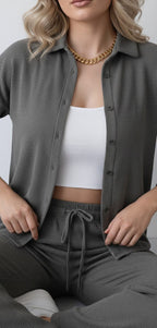 The Comfort Chic Ribbed Co-ord Set - Button-Down Shirt & Relaxed Pants