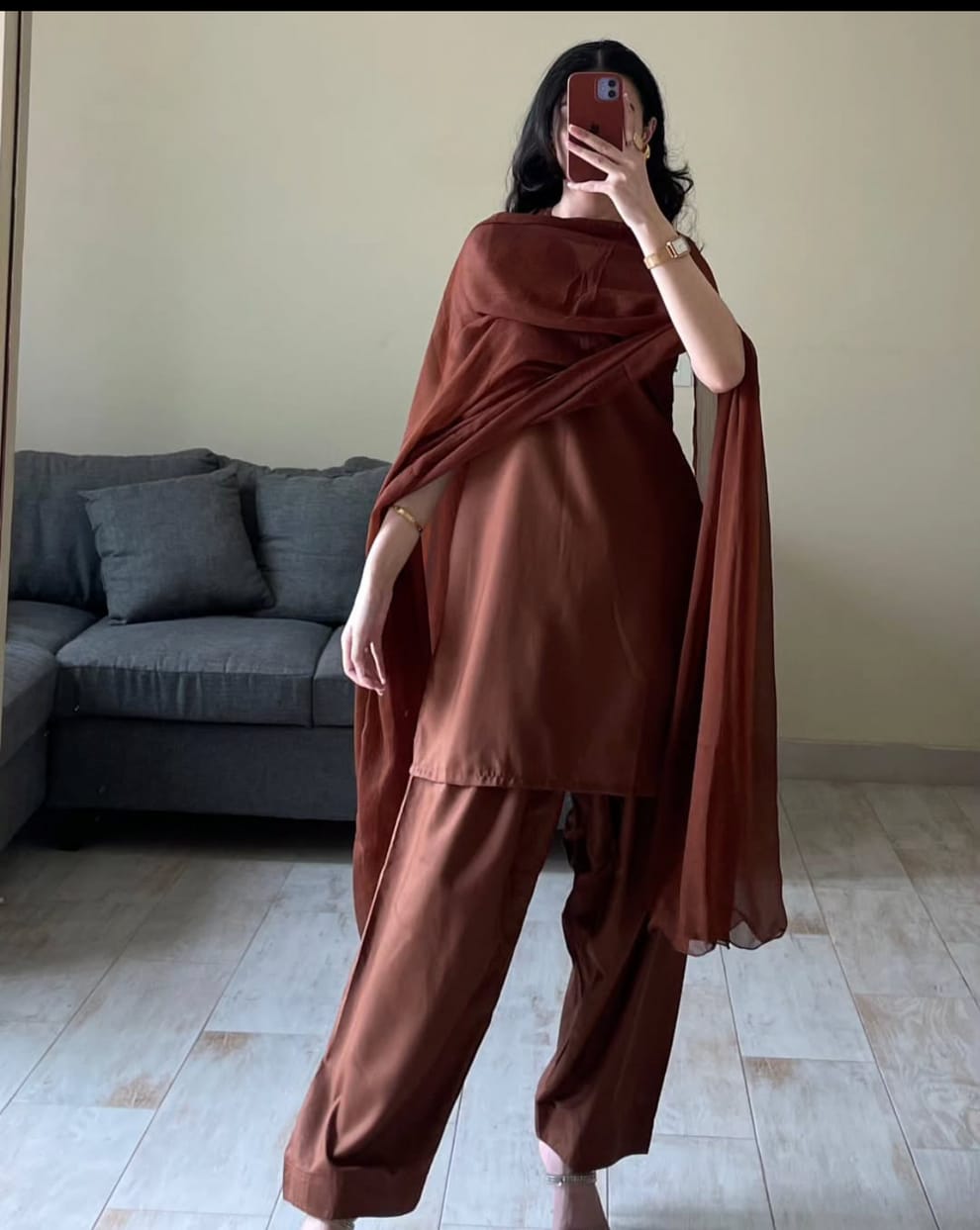 Qalbeena Brown Farshi RawSilk