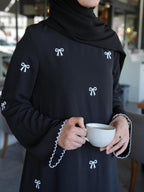 Black Bow Embroidered Abaya with stoller