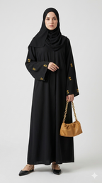 Luxury Black Abaya with Gold Floral Embroidery on Sleeves