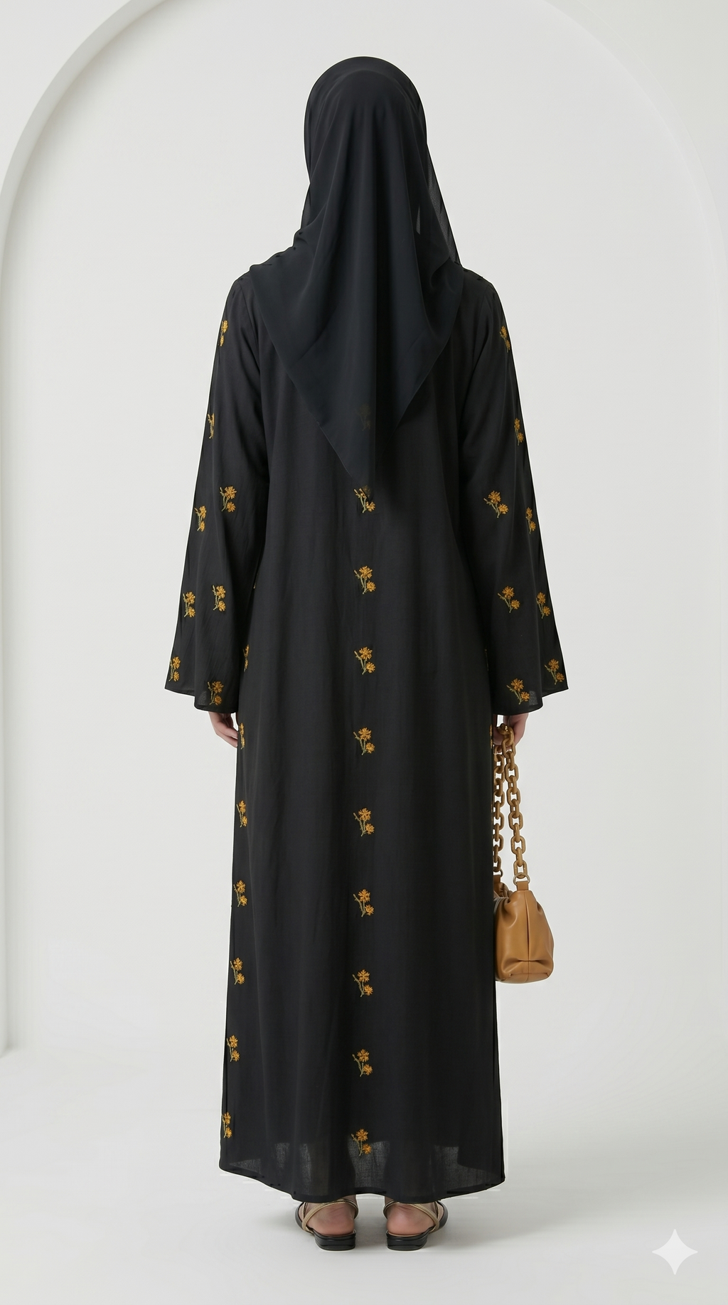Luxury Black Abaya with Gold Floral Embroidery on Sleeves