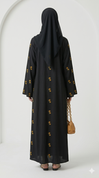 Luxury Black Abaya with Gold Floral Embroidery on Sleeves