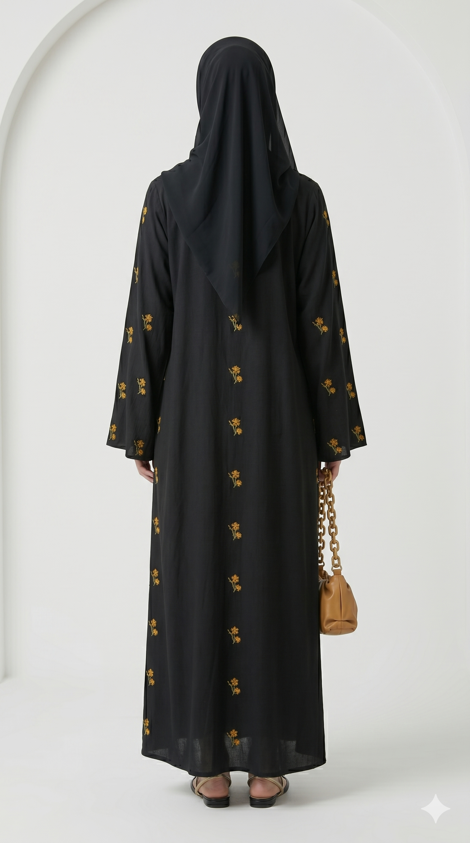 Luxury Black Abaya with Gold Floral Embroidery on Sleeves