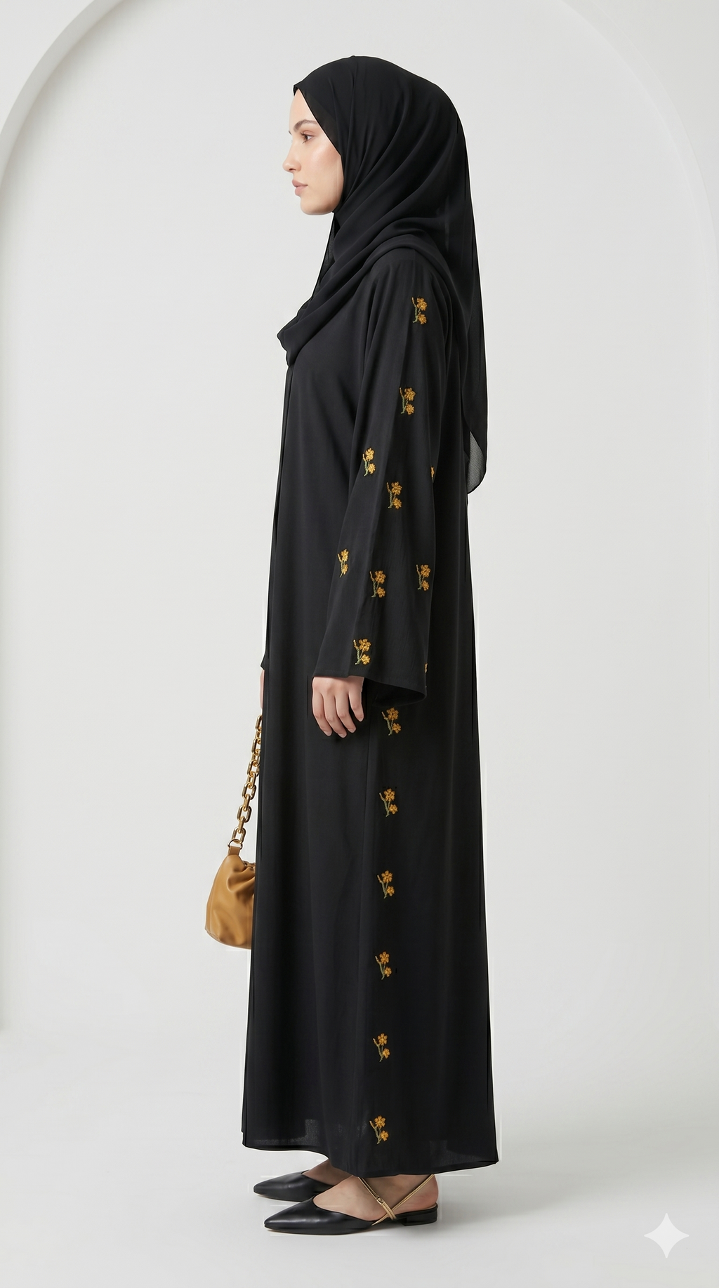Luxury Black Abaya with Gold Floral Embroidery on Sleeves