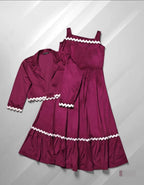Elegant Berry Velvet Midi Dress with Contrast Trim Jacket Set