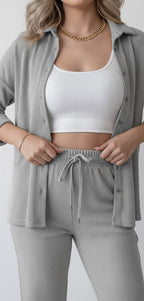 The Comfort Chic Ribbed Co-ord Set - Button-Down Shirt & Relaxed Pants