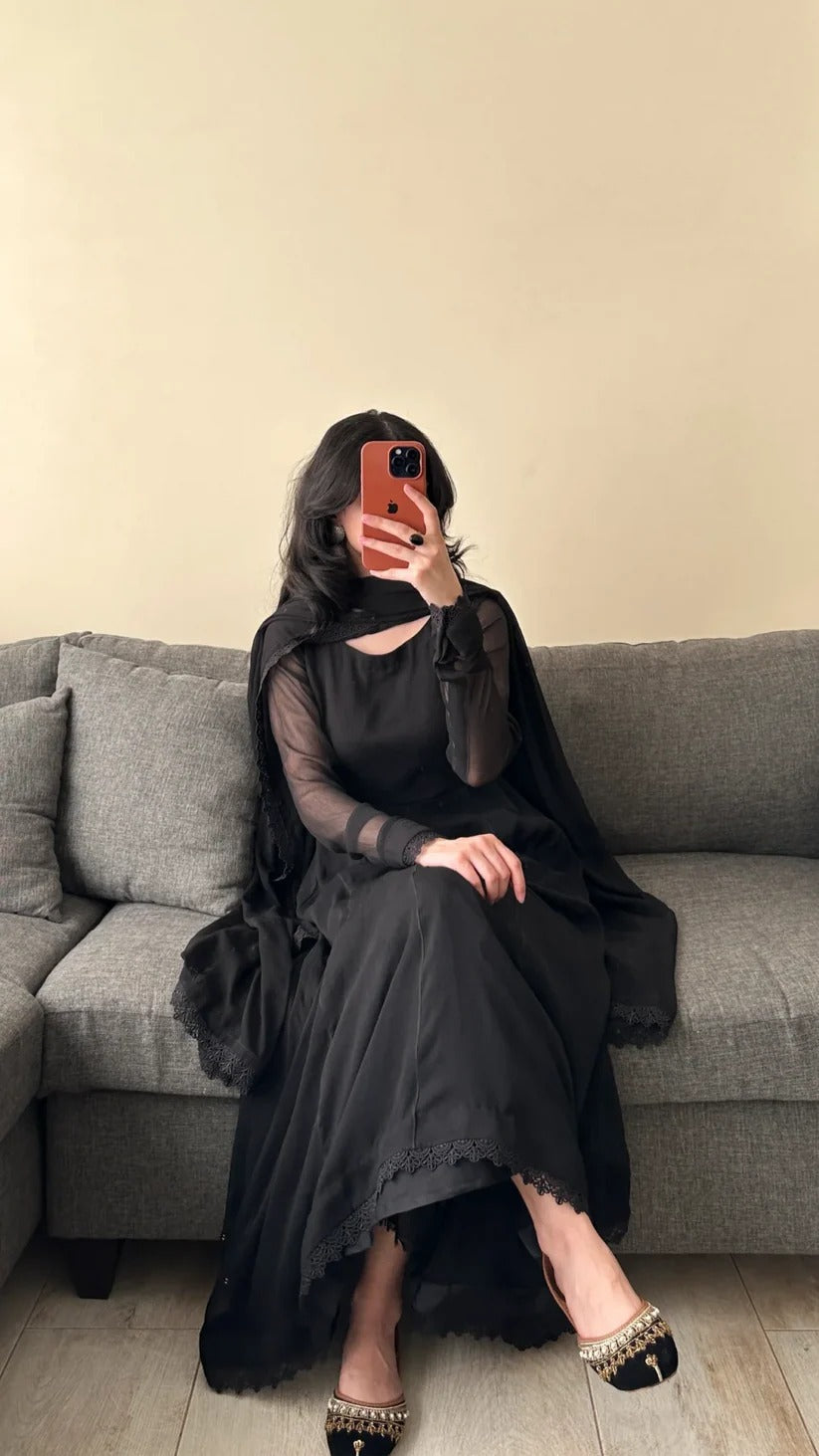 Elegant Black Anarkali 3-Piece Stitched Dress
