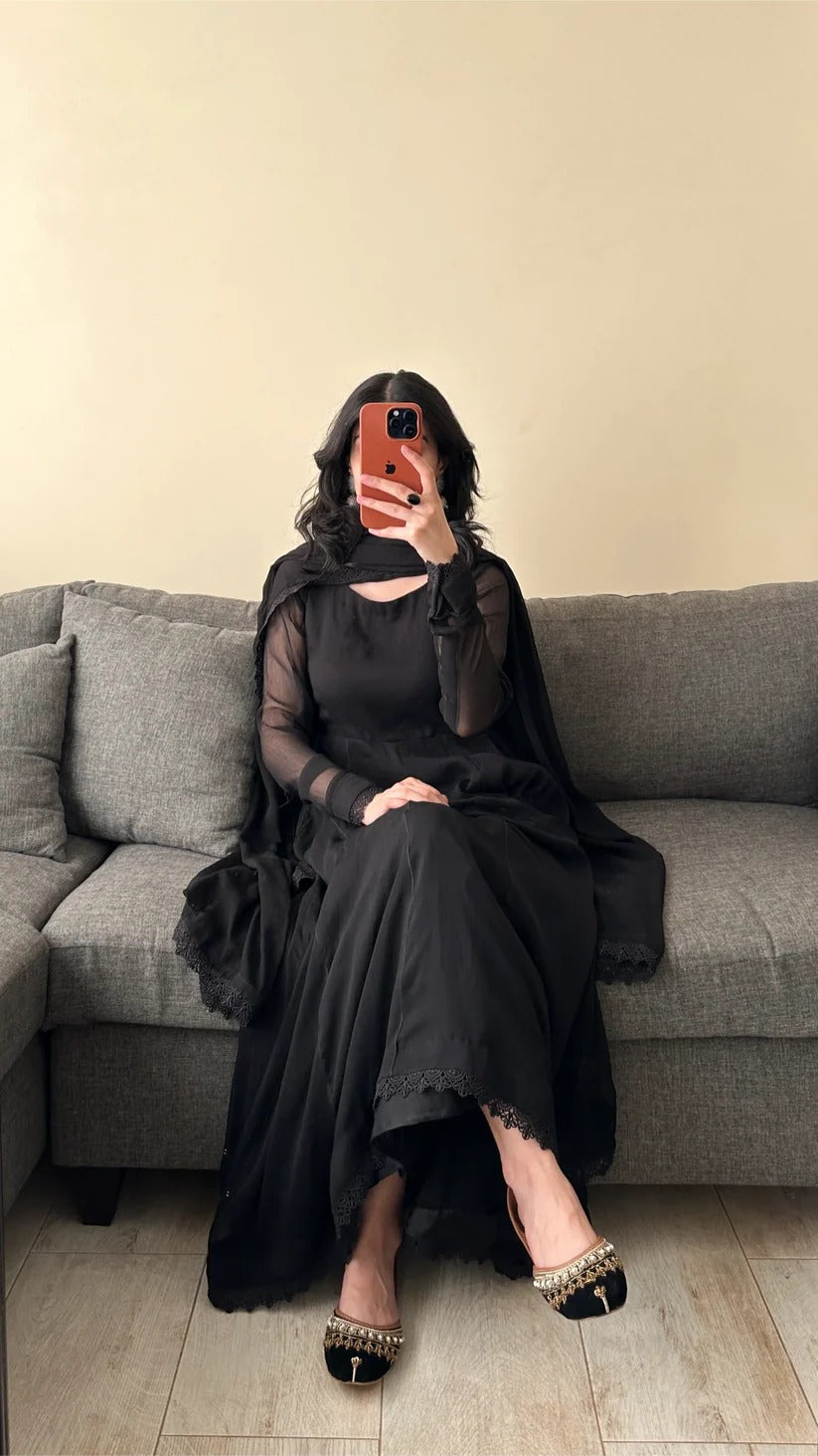 Elegant Black Anarkali 3-Piece Stitched Dress