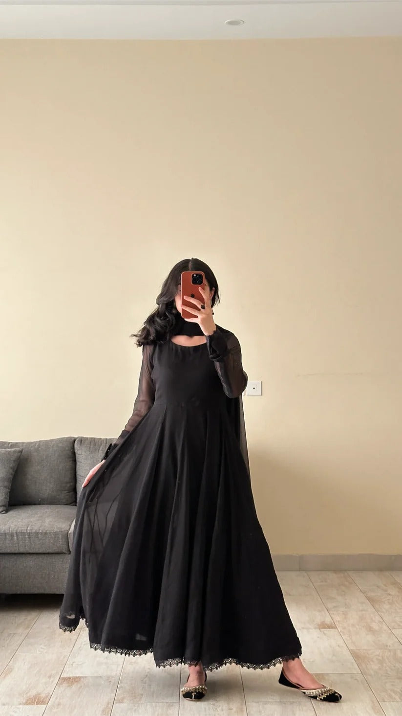 Elegant Black Anarkali 3-Piece Stitched Dress
