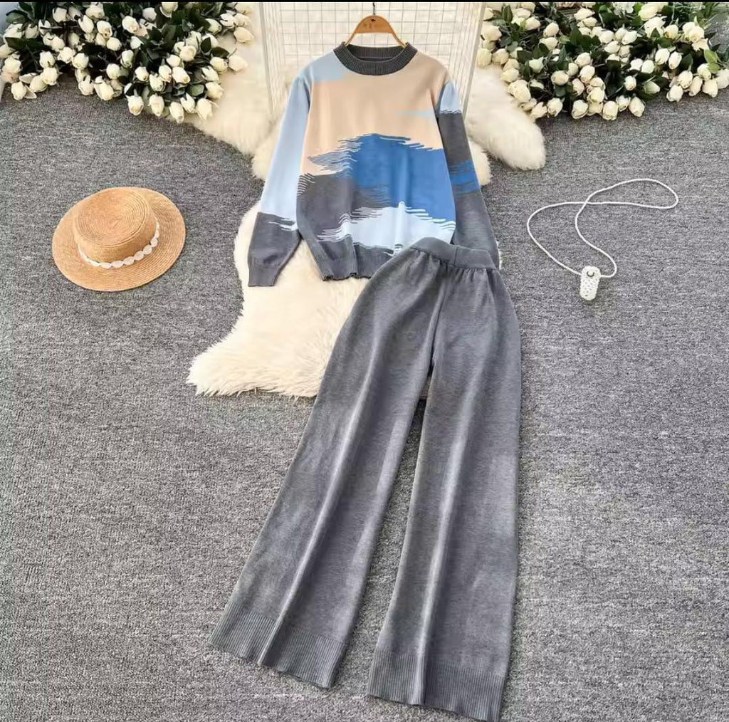 Women's Cozy Two-Piece Abstract Knit Loungewear Set