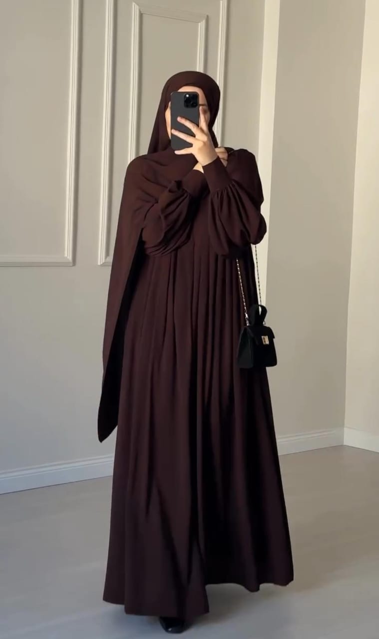 Chocolate Brown Abaya with Ruched Sleeves