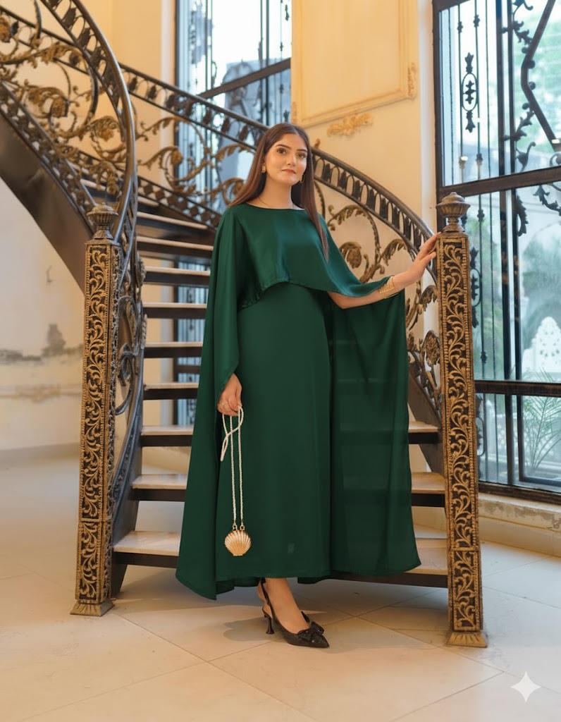 QALBEENA DARKGREEN CAPE GOWN