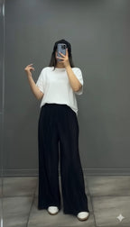 Elegant Silk Pleated Palazzo – Flowy Comfort with Luxe Shine