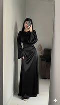 BLACK Silk Adjustable Bodycon Maxi Dress – Elegant Silky Fit with Custom Waist design